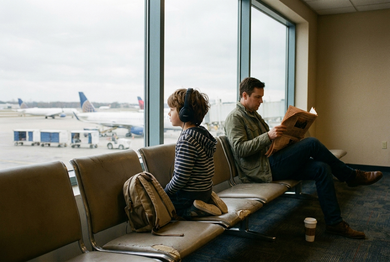 Kid with headphones waiting at a quiet airport gate